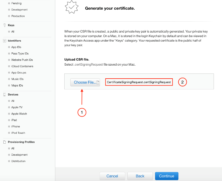 Zertifizierungsinstanz in den Apple Developer Account hochladen