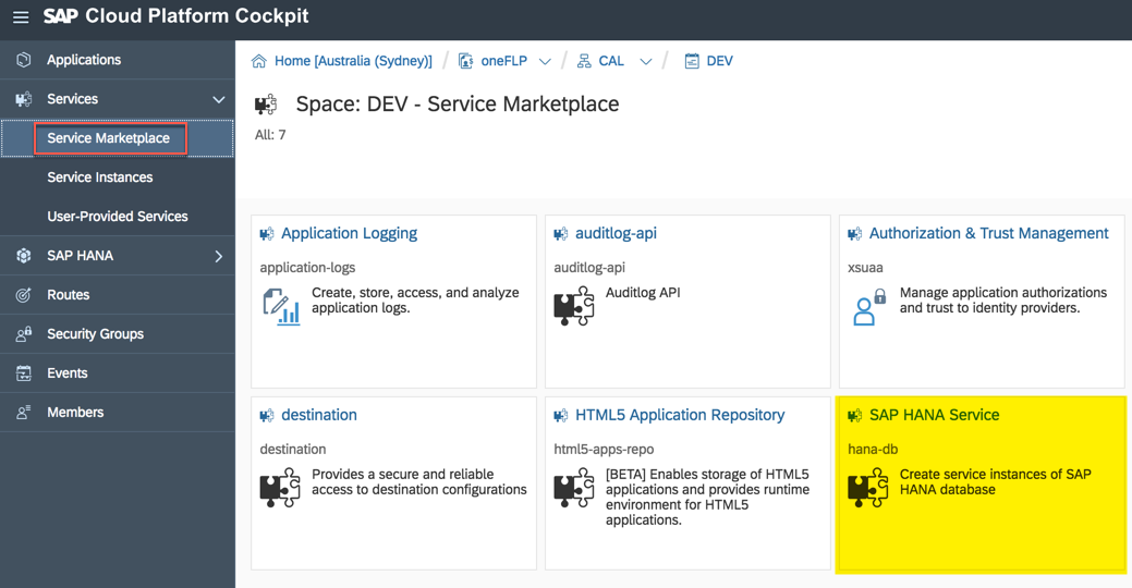 Den HANA Service finden Sie unter Service Marketplace