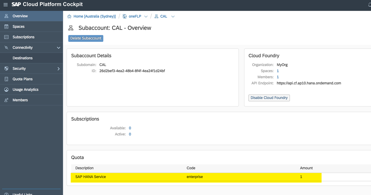 Erfolgreiche Zuordnung des HANA Services zum Subaccount