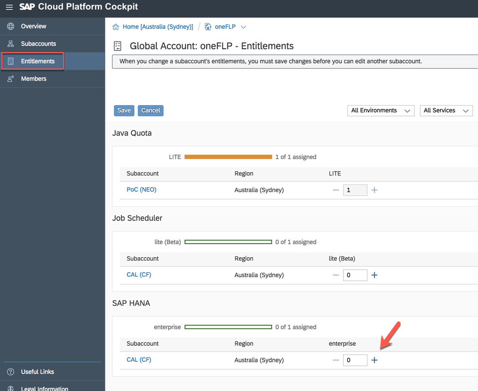HANA Service dem neuangelegten Subaccount zuordnen