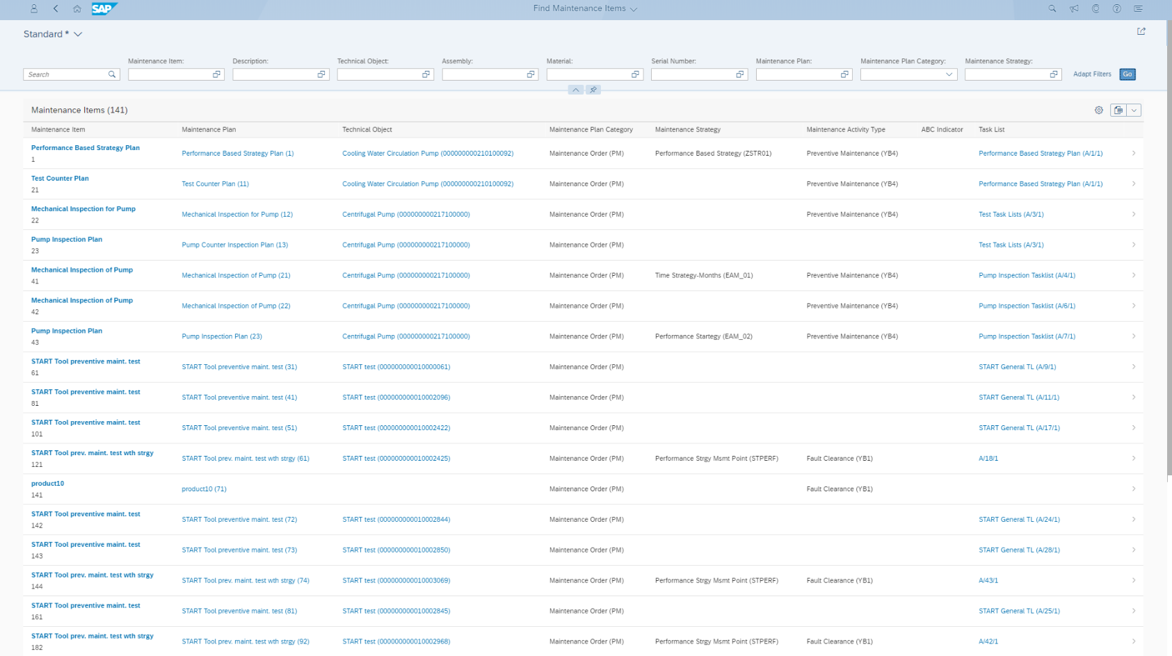 Listenansicht der App „Find Maintenance Items“.