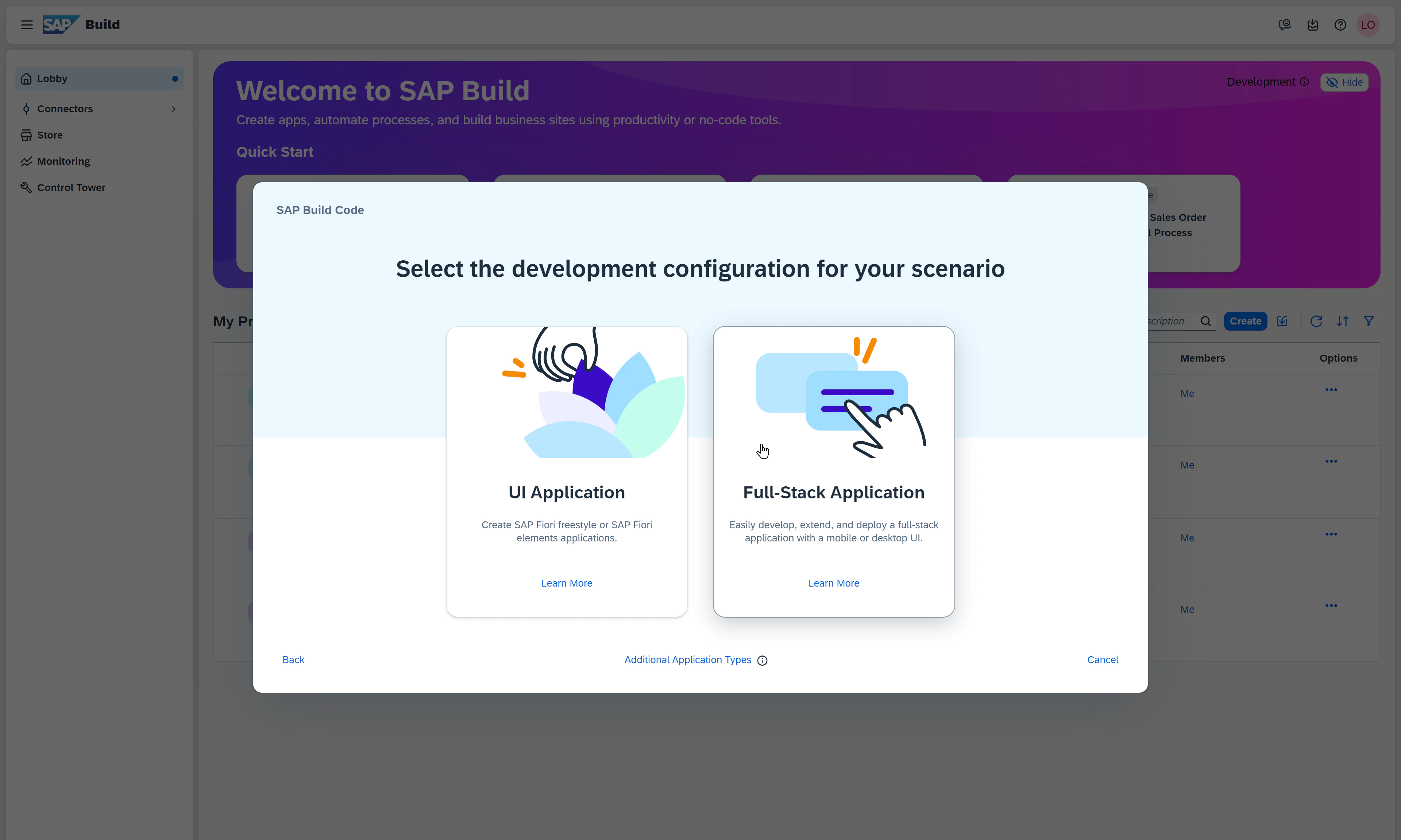Desktop-Ansicht SAP Build Code Projektstart